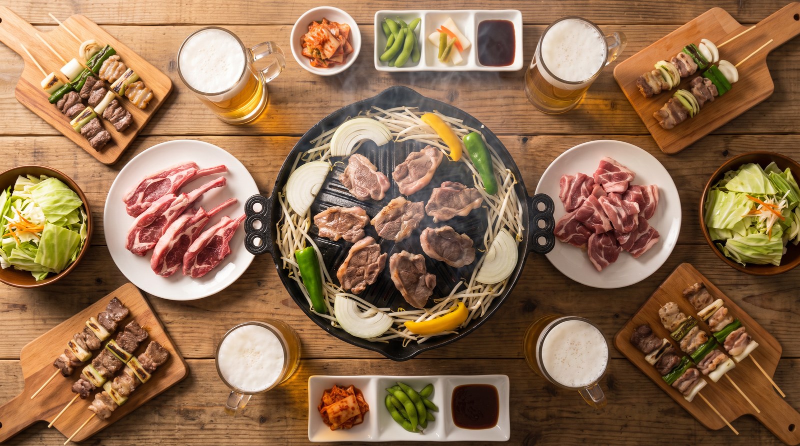 炭火で焼くジンギスカンと生ビール、前菜を並べたテーブルの俯瞰